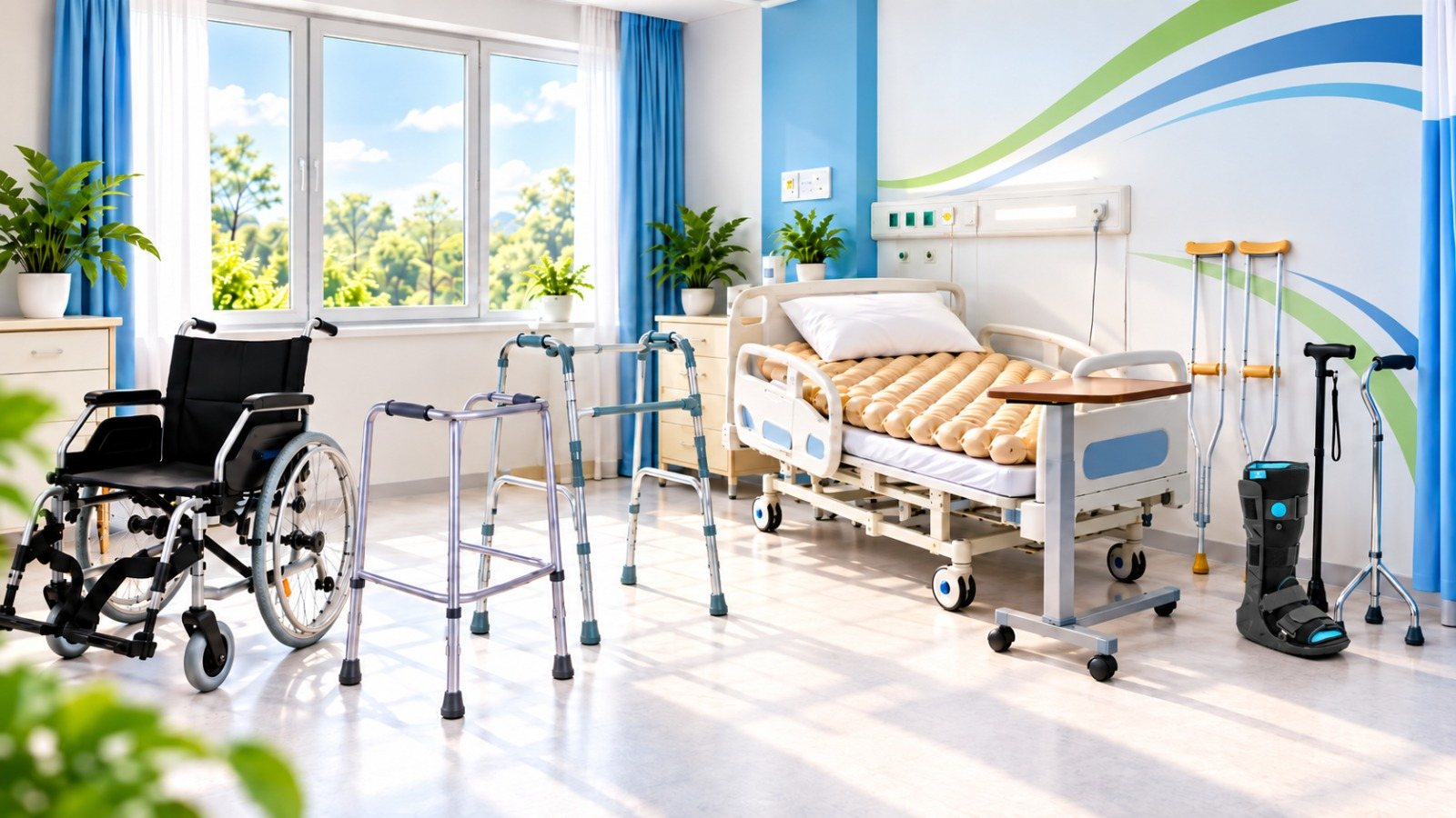 Salon medical cu pat cu saltea antiescară, fotoliu rulant, cadre de mers, cârje și bastoane